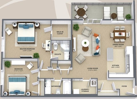 Floor plan for 2 beds, 2 baths, 1197 sqft